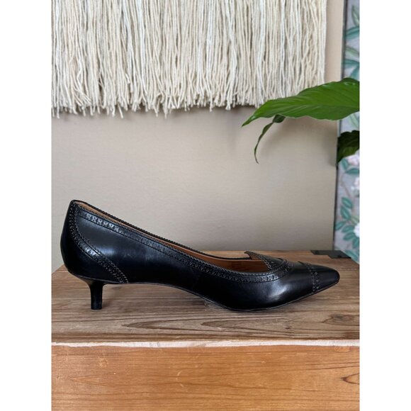 AERIN Pythian Black Genuine Leather Brogue Pointy Toe Kitten Heels  Pumps Size 9 - Picture 6 of 14